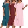 Ekouaer 3 Pack Long Nightgowns for Women Split Hem Sleepshirt(Pink/Wine Red/Blue Green)