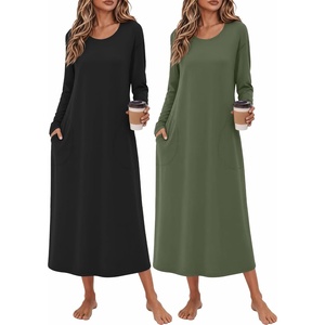 Ekouaer 2 Pack Long Nightgowns for Women Long Sleeve Nightgown with Pocket(Black+army Green)