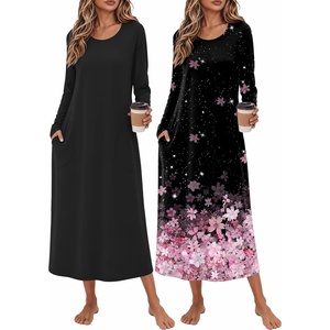Ekouaer 2 Pack Long Nightgowns for Women Long Sleeve Nightgown with Pocket(Black+black Pink Flower)