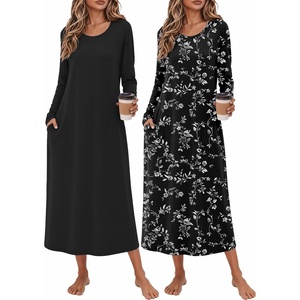 Ekouaer 2 Pack Long Nightgowns for Women Long Sleeve Nightgown with Pocket(Black+black White Flower)