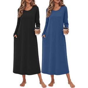 Ekouaer 2 Pack Long Nightgowns for Women Long Sleeve Nightgown with Pocket(Black+navy)