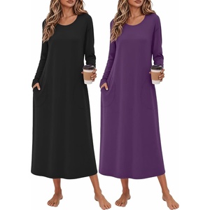 Ekouaer 2 Pack Long Nightgowns for Women Long Sleeve Nightgown with Pocket(Black+purple)