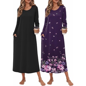 Ekouaer 2 Pack Long Nightgowns for Women Long Sleeve Nightgown with Pocket(Black+purple Flower)