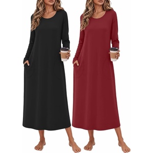 Ekouaer 2 Pack Long Nightgowns for Women Long Sleeve Nightgown with Pocket(Black+wine Red)