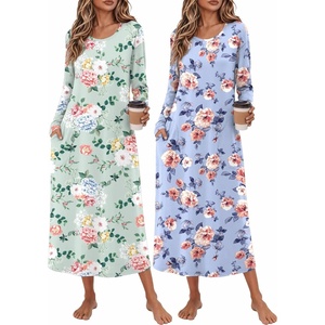 Ekouaer 2 Pack Long Nightgowns for Women Long Sleeve Nightgown with Pocket(Green Flower+blue Flower)