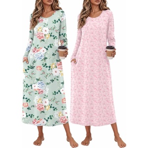 Ekouaer 2 Pack Long Nightgowns for Women Long Sleeve Nightgown with Pocket(Green Flower+pink Flower)