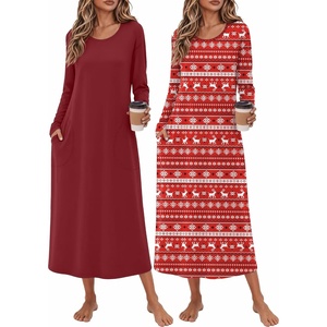 Ekouaer 2 Pack Long Nightgowns for Women Long Sleeve Nightgown with Pocket(Wine Red+christmas Reindeer)