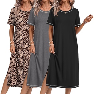 Ekouaer 3 Pack Long Nightgowns for Women Split Hem Sleepshirt(Black/Grey/Leopard)