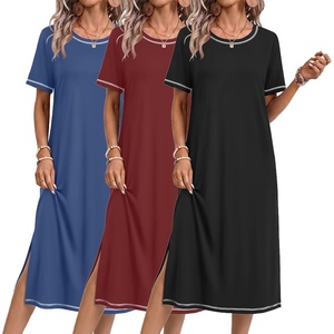 Ekouaer 3 Pack Long Nightgowns for Women Split Hem Sleepshirt(Black/Wine Red/Navy Blue)