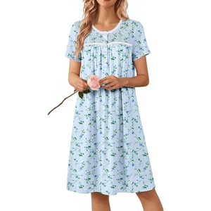 Ekouaer Nightgowns for Women Smocked Night Gown Short Sleeve Sleepshirts(Floral Blue)
