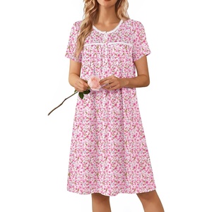 Ekouaer Nightgowns for Women Smocked Night Gown Short Sleeve Sleepshirts(Floral Pink)