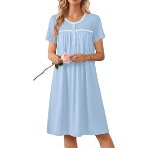 Ekouaer Nightgowns for Women Smocked Night Gown Short Sleeve Sleepshirts(Light Blue)