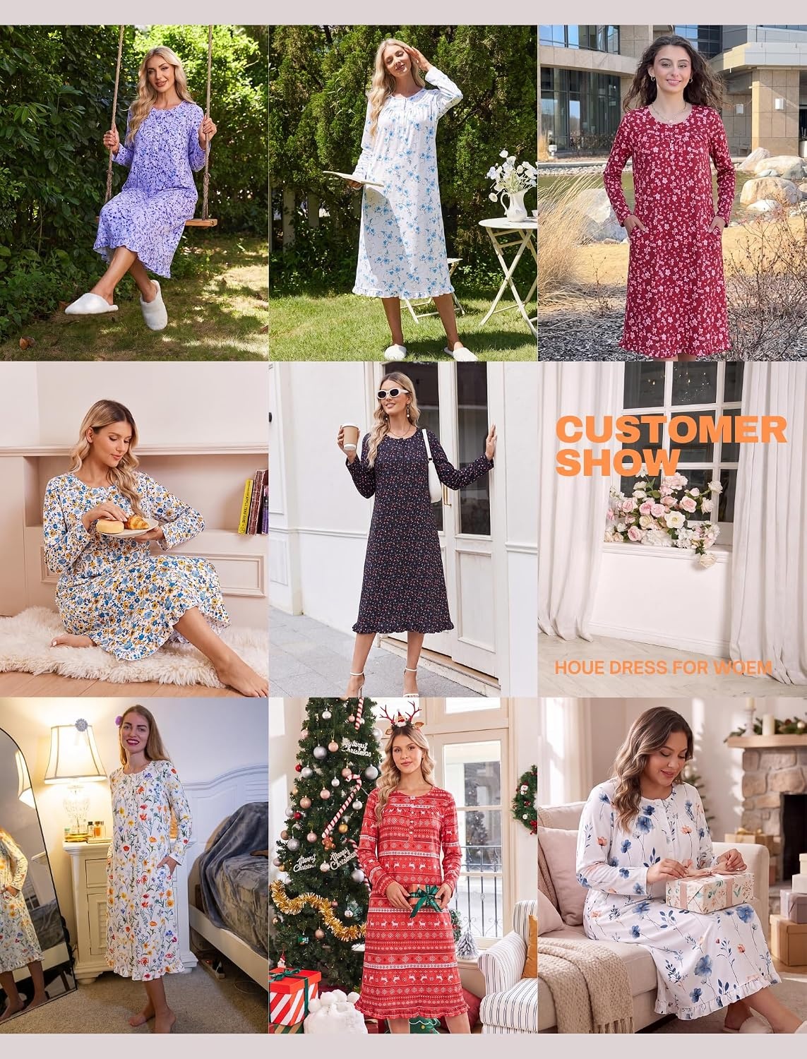 image:imageEkouaer 2 Pack Womens Long Sleeve Nightgown with Pockets Mumu DressesPink FloralBlue Floral