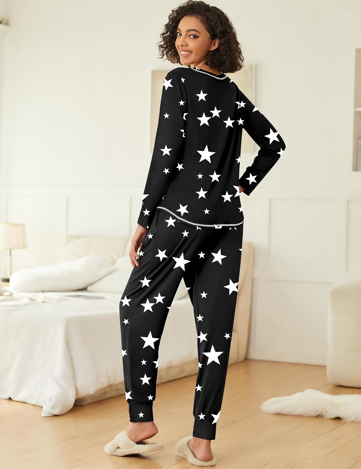 image:imageEkouaer 2 Pack Womens Pajama Sets Long Sleeve Lounge Sets Soft Pj Loungewear SleepwearBlackBlack Star