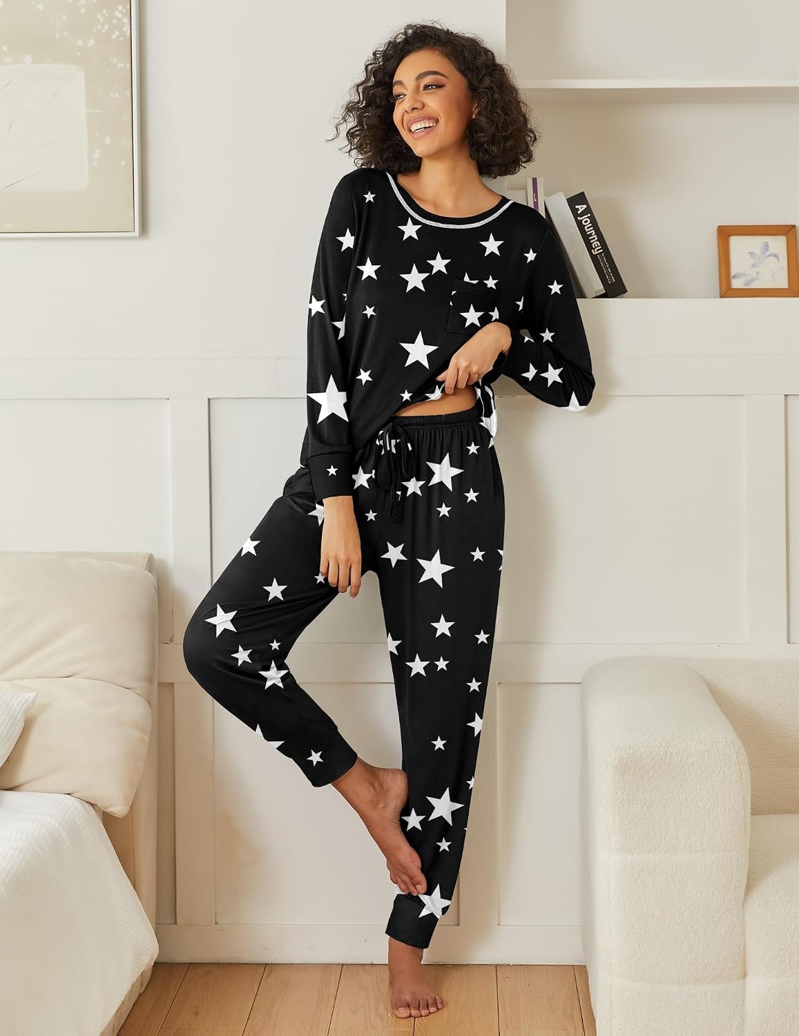 image:imageEkouaer 2 Pack Womens Pajama Sets Long Sleeve Lounge Sets Soft Pj Loungewear SleepwearBlackBlack Star