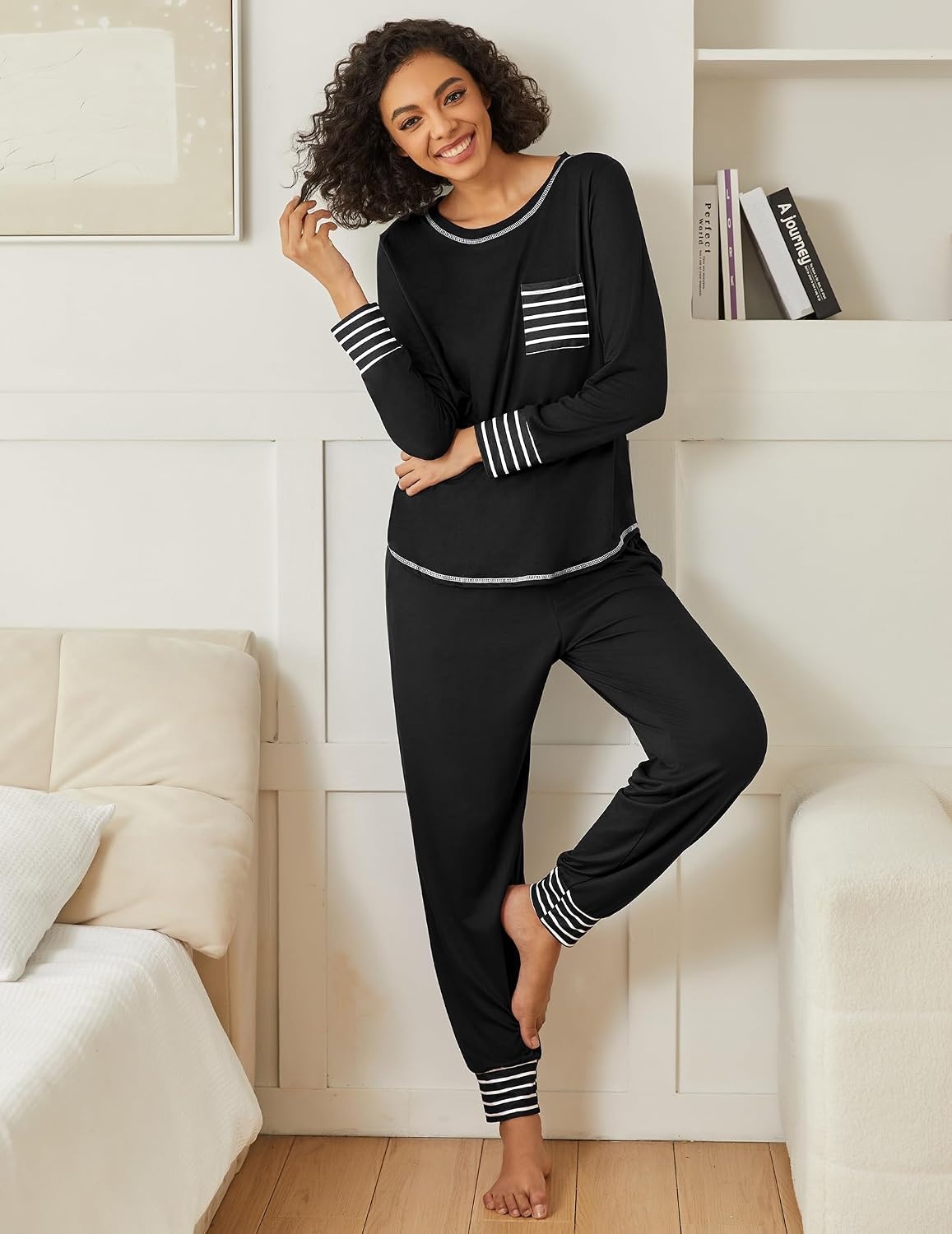 image:imageEkouaer 2 Pack Womens Pajama Sets Long Sleeve Lounge Sets Soft Pj Loungewear SleepwearBlackBlue Green