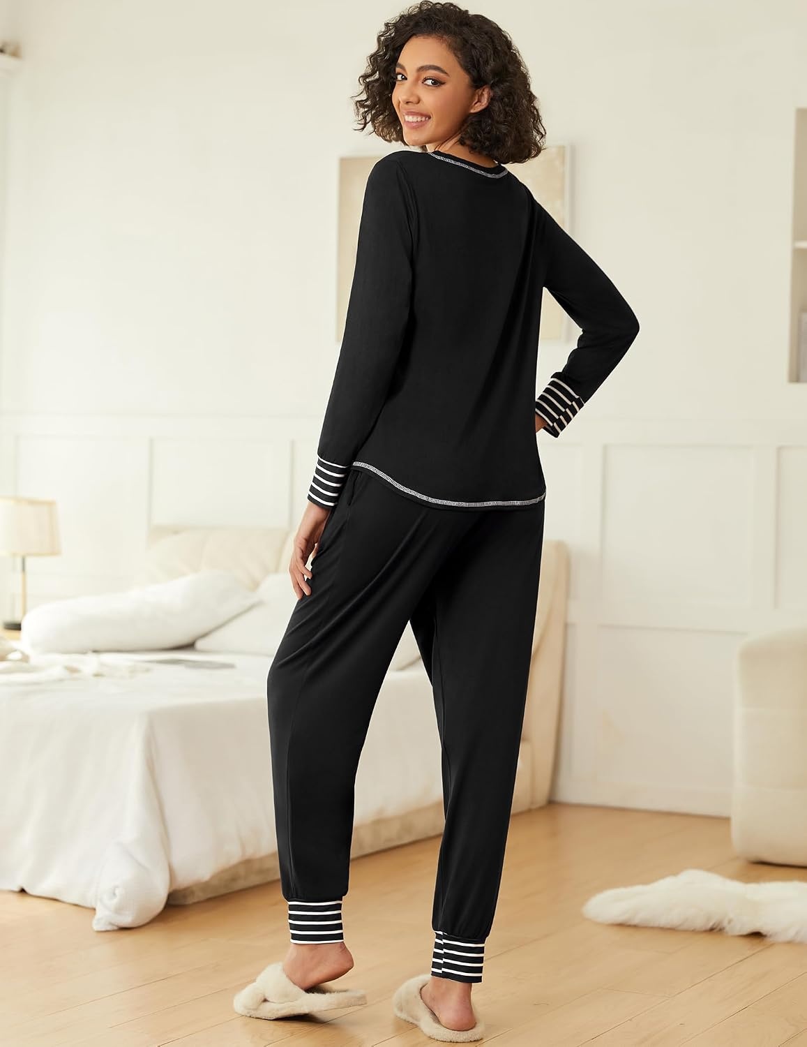 image:imageEkouaer 2 Pack Womens Pajama Sets Long Sleeve Lounge Sets Soft Pj Loungewear SleepwearBlackLeopard