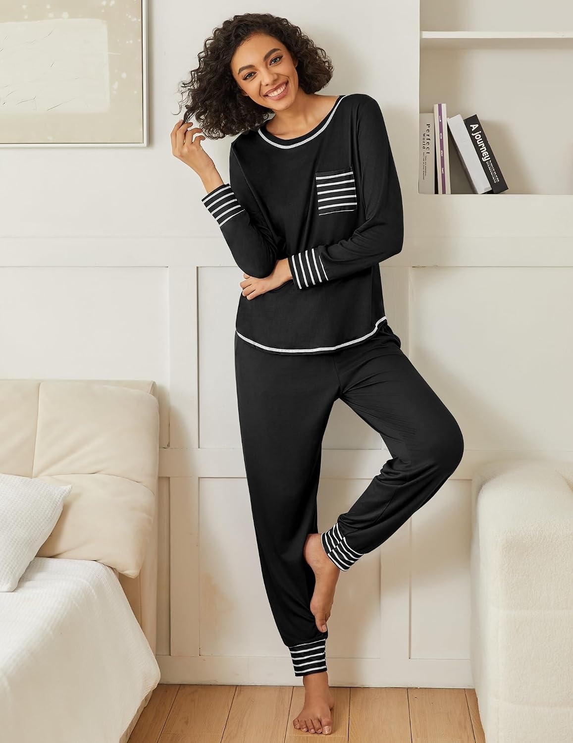 image:imageEkouaer 2 Pack Womens Pajama Sets Long Sleeve Lounge Sets Soft Pj Loungewear SleepwearBlackTrue Red