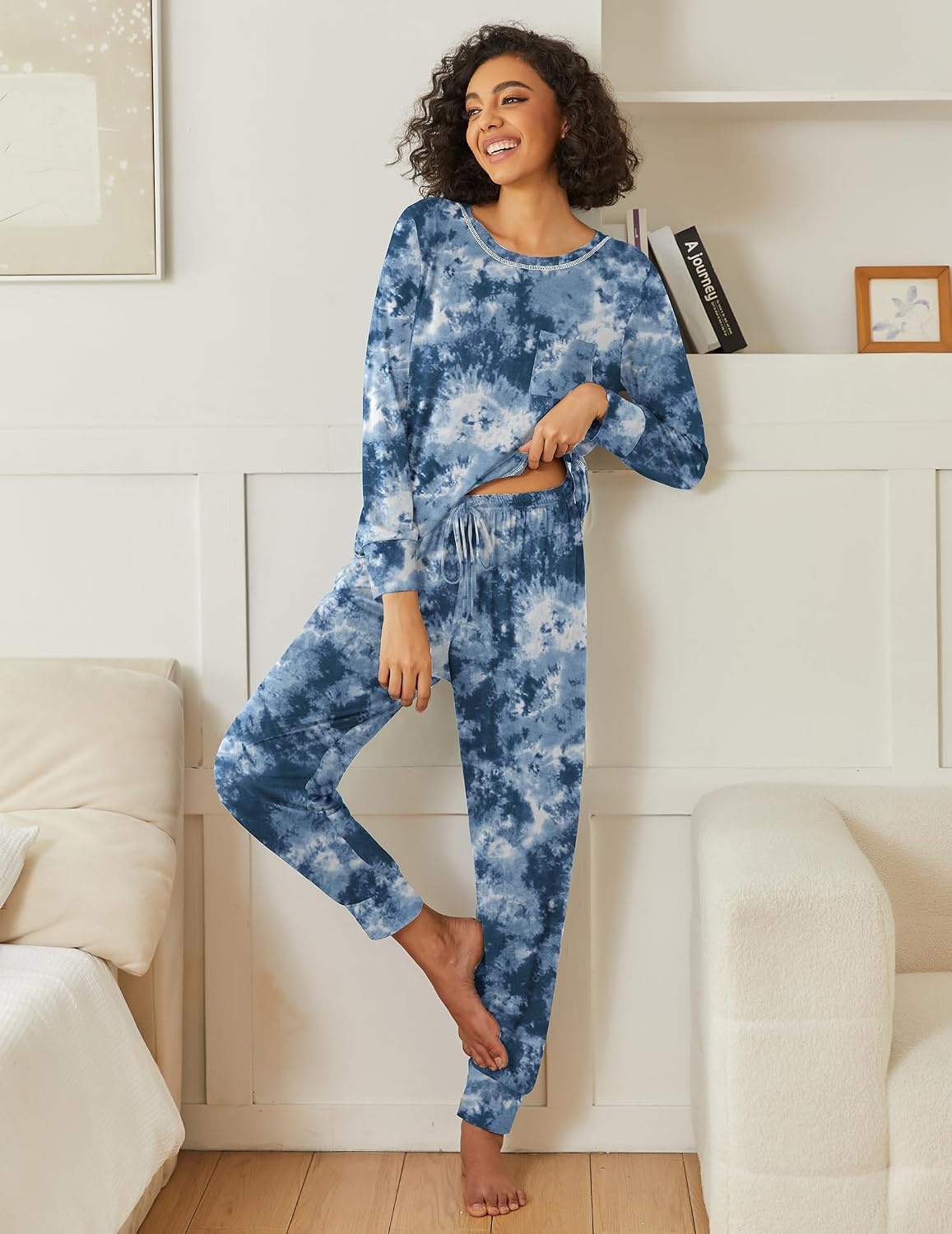 image:imageEkouaer 2 Pack Womens Pajama Sets Long Sleeve Lounge Sets Soft Pj Loungewear SleepwearBlue GreenTie Dye Blue