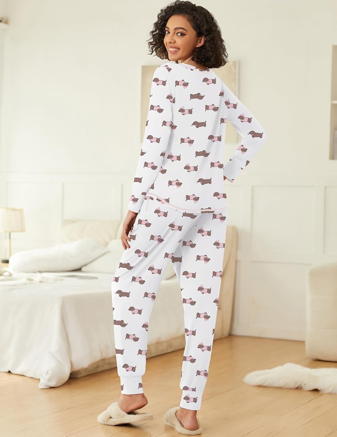 image:imageEkouaer 2 Pack Womens Pajama Sets Long Sleeve Lounge Sets Soft Pj Loungewear SleepwearCute DogCute Cat