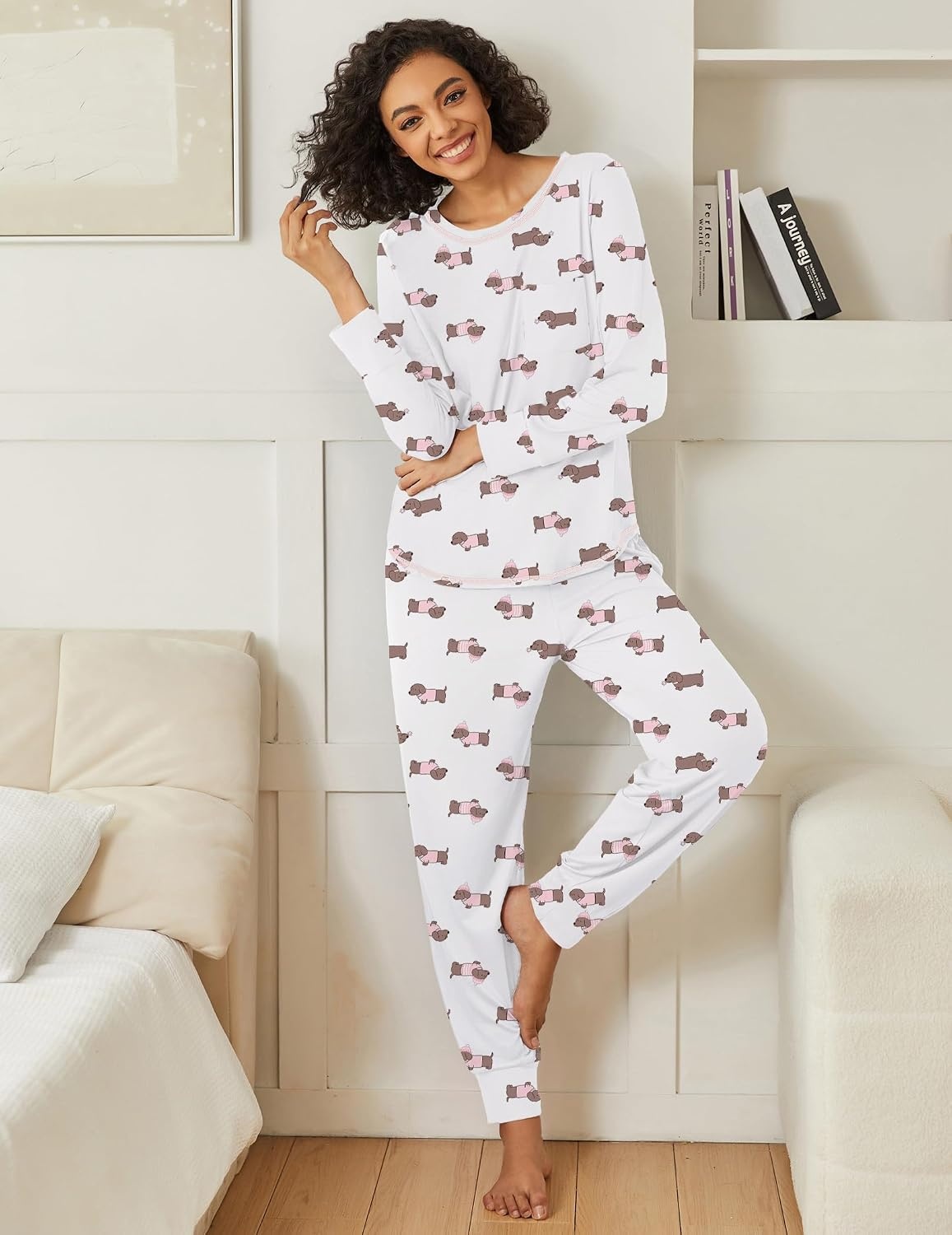 image:imageEkouaer 2 Pack Womens Pajama Sets Long Sleeve Lounge Sets Soft Pj Loungewear SleepwearCute DogCute Cat