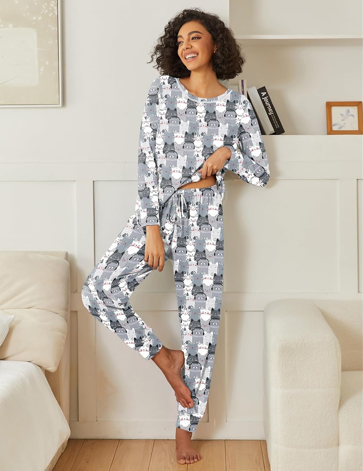 image:imageEkouaer 2 Pack Womens Pajama Sets Long Sleeve Lounge Sets Soft Pj Loungewear SleepwearCute DogCute Cat