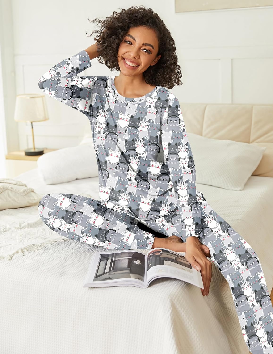 image:imageEkouaer 2 Pack Womens Pajama Sets Long Sleeve Lounge Sets Soft Pj Loungewear SleepwearCute DogCute Cat