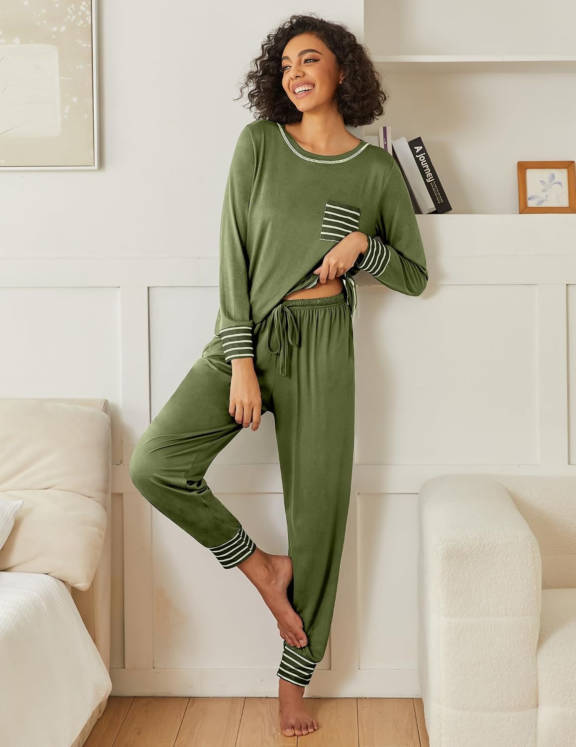 image:imageEkouaer 2 Pack Womens Pajama Sets Long Sleeve Lounge Sets Soft Pj Loungewear SleepwearDeep GreyArmy Green