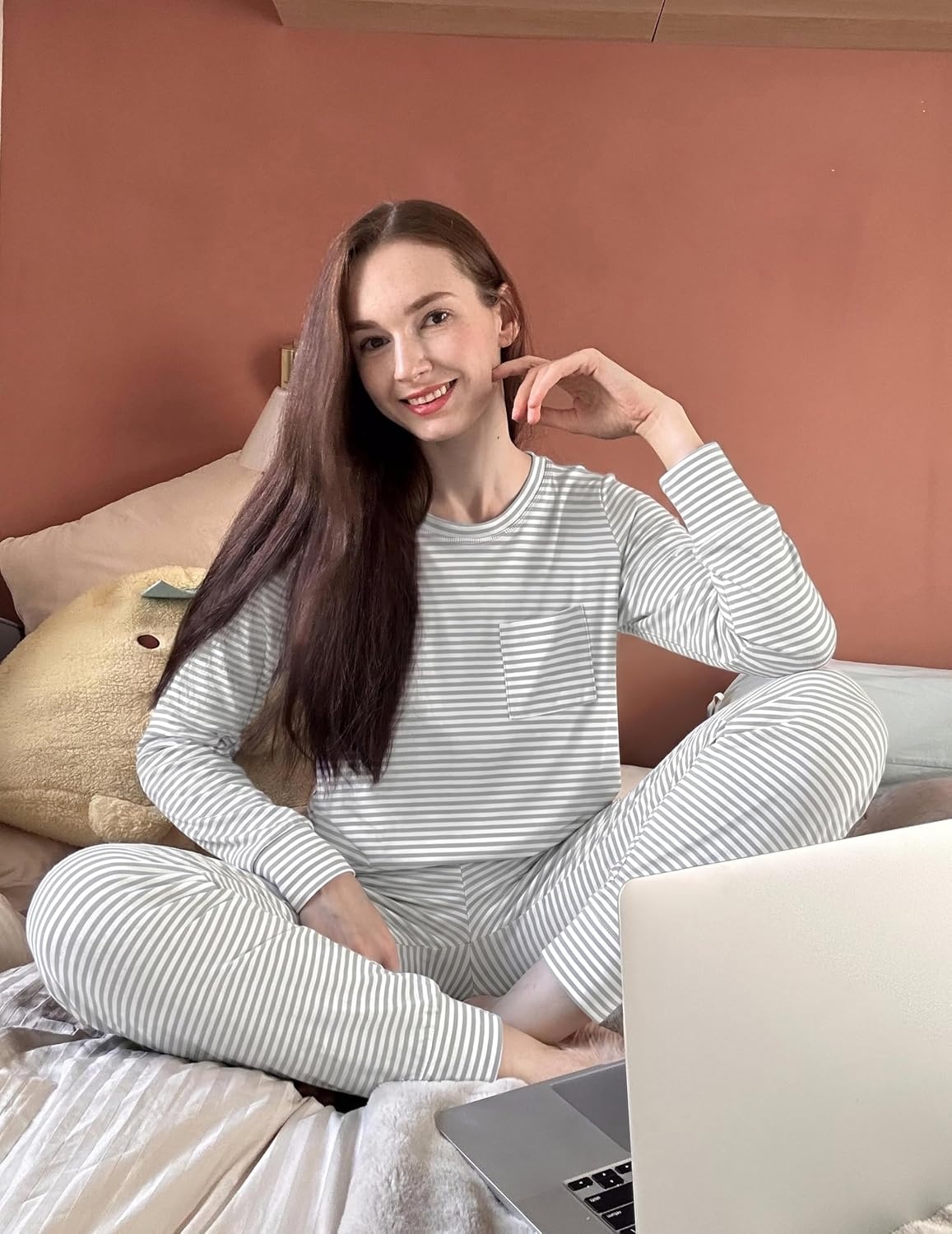 image:imageEkouaer 2 Pack Womens Pajama Sets Long Sleeve Lounge Sets Soft Pj Loungewear SleepwearGrey StripesPink Stripes