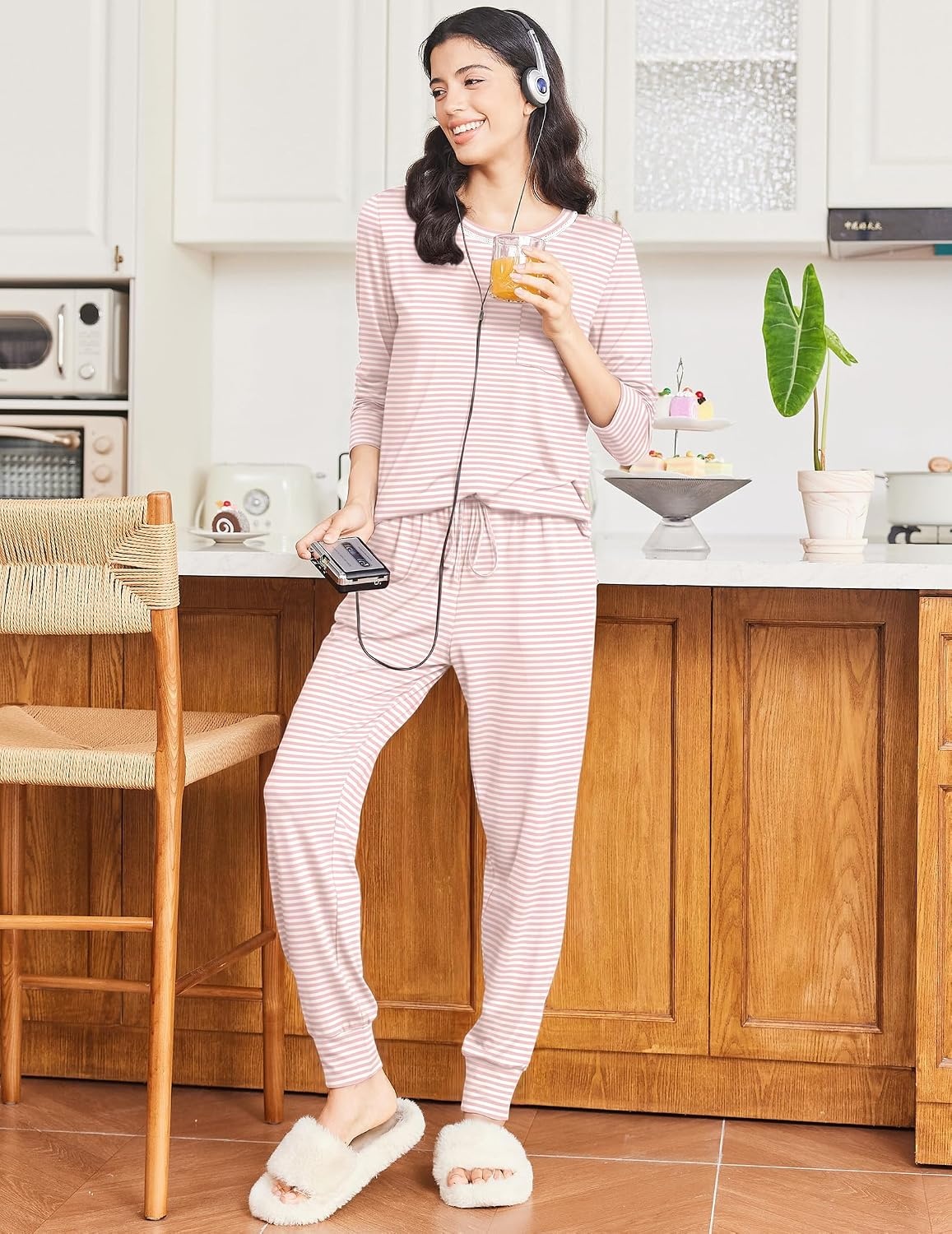 image:imageEkouaer 2 Pack Womens Pajama Sets Long Sleeve Lounge Sets Soft Pj Loungewear SleepwearGrey StripesPink Stripes