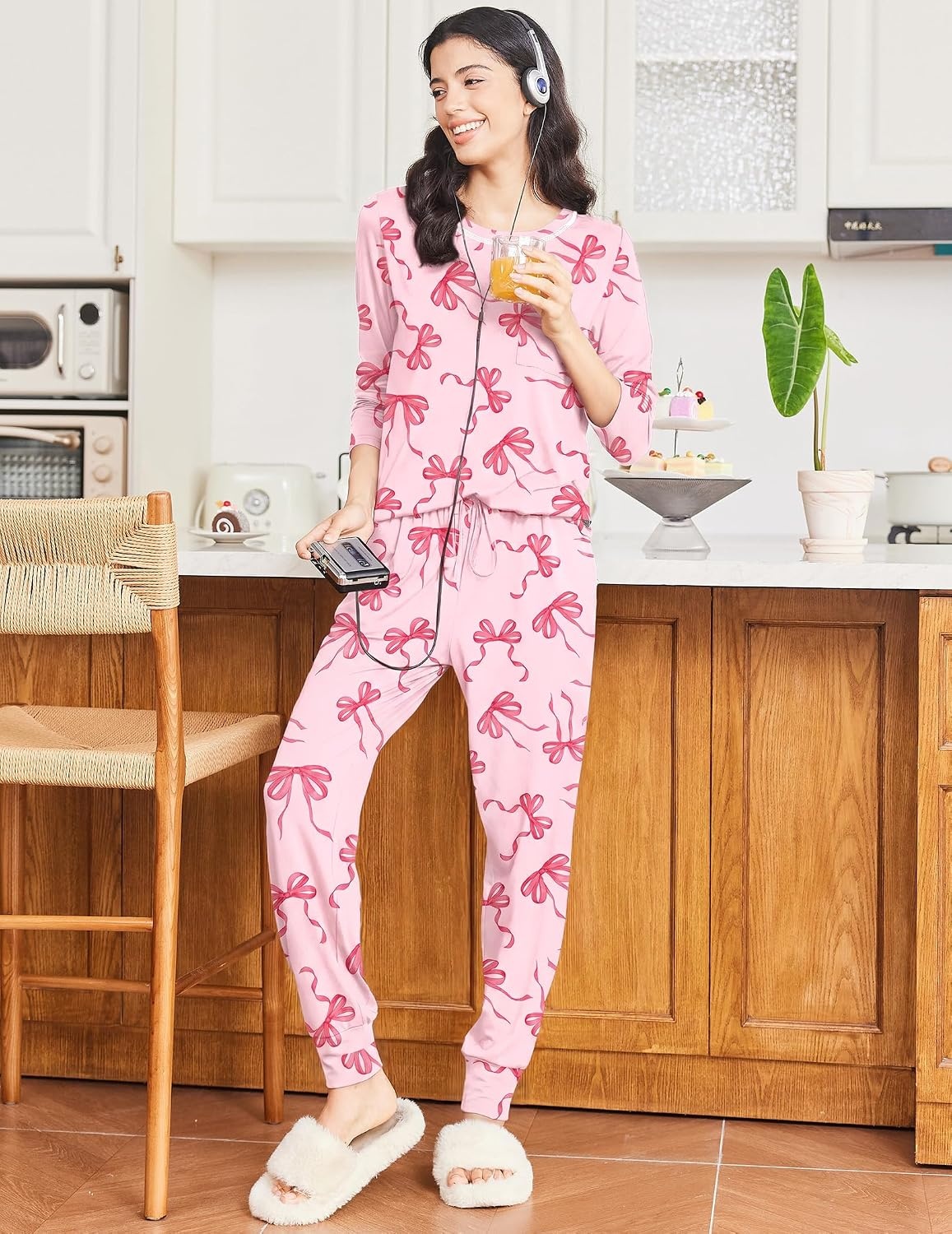 image:imageEkouaer 2 Pack Womens Pajama Sets Long Sleeve Lounge Sets Soft Pj Loungewear SleepwearLight BluePink Bow