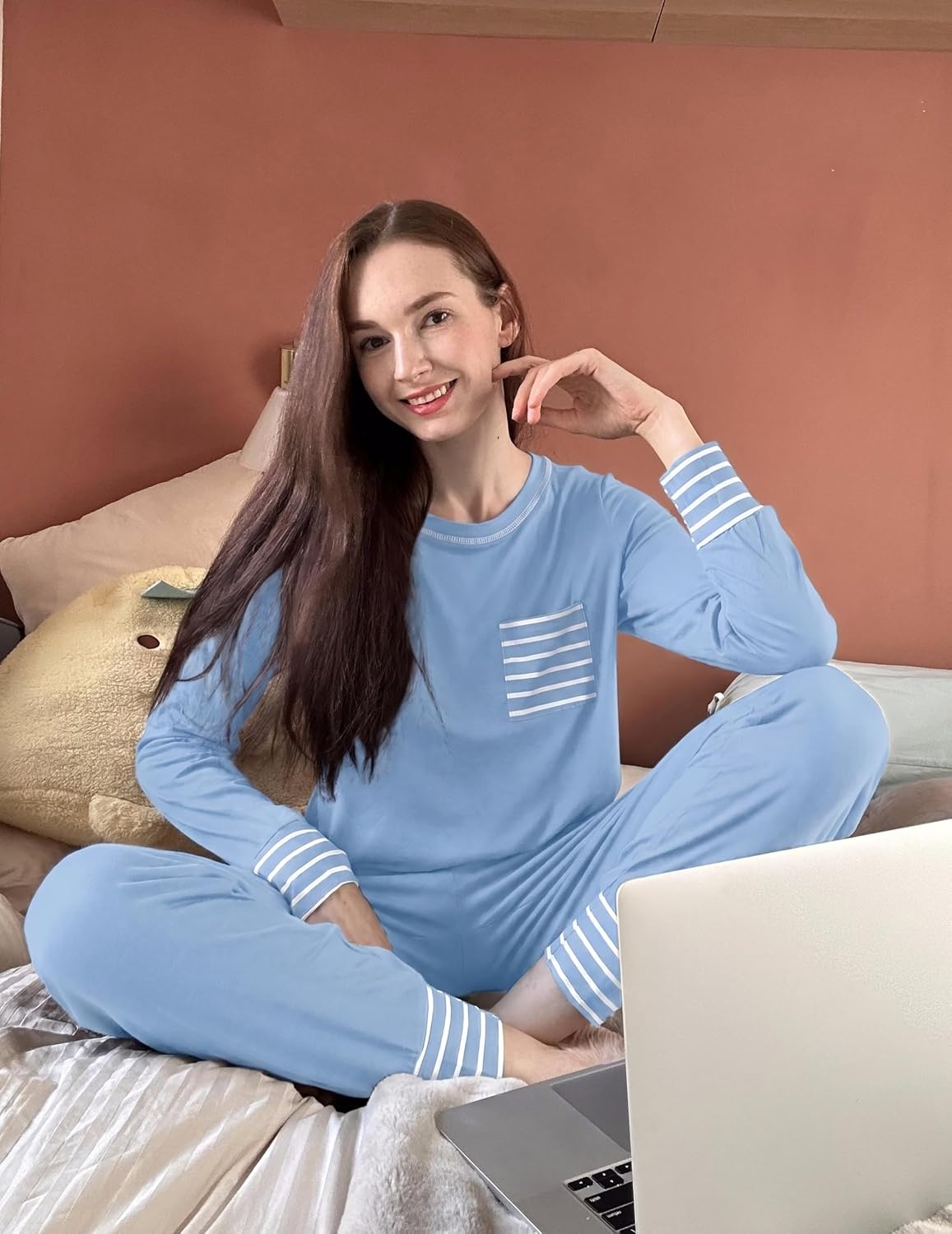 image:imageEkouaer 2 Pack Womens Pajama Sets Long Sleeve Lounge Sets Soft Pj Loungewear SleepwearLight BluePink Bow