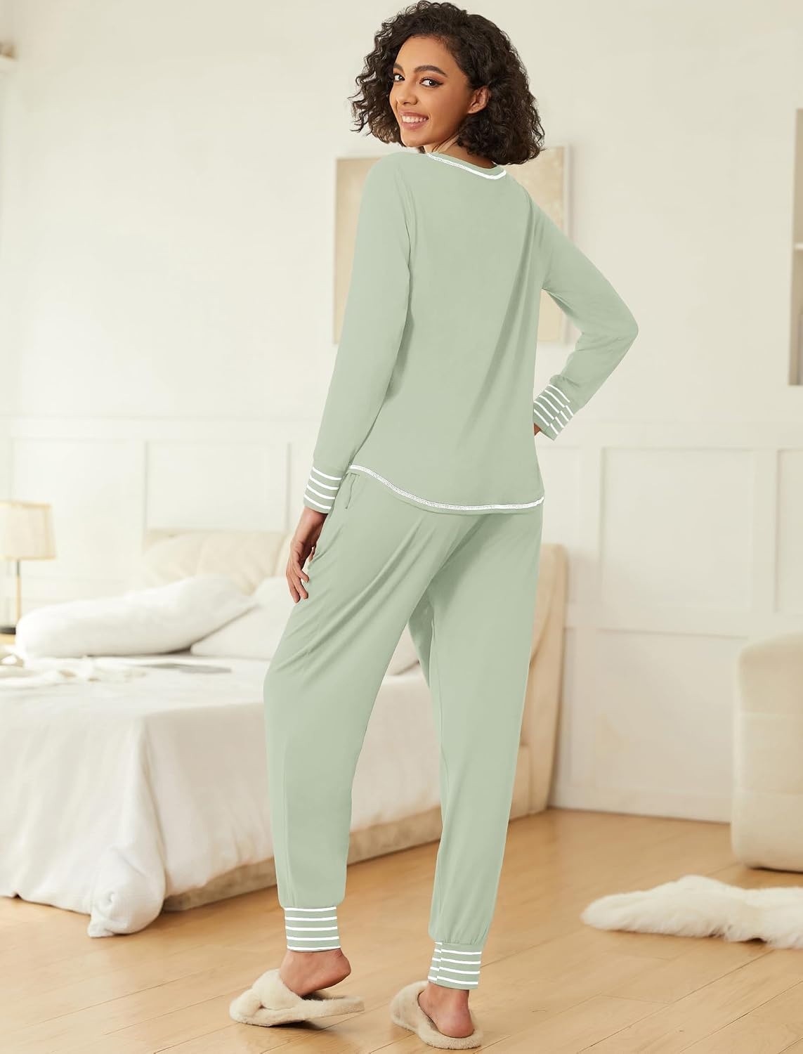 image:imageEkouaer 2 Pack Womens Pajama Sets Long Sleeve Lounge Sets Soft Pj Loungewear SleepwearLight GreenDusty Pink