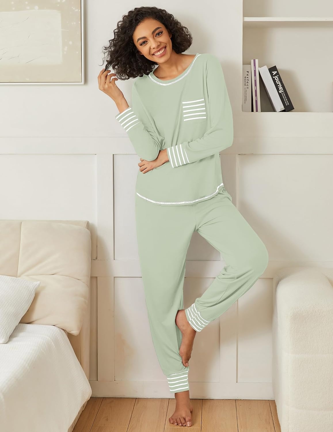 image:imageEkouaer 2 Pack Womens Pajama Sets Long Sleeve Lounge Sets Soft Pj Loungewear SleepwearLight GreenDusty Pink