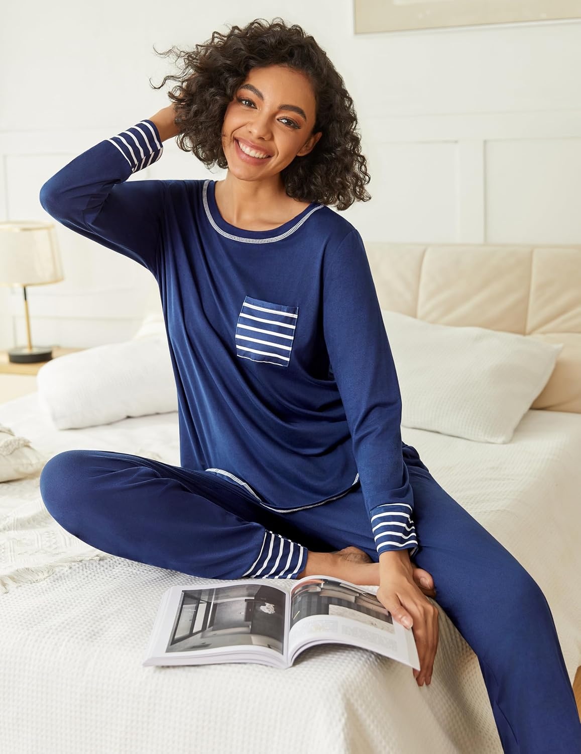 image:imageEkouaer 2 Pack Womens Pajama Sets Long Sleeve Lounge Sets Soft Pj Loungewear SleepwearNavy BlueGrey