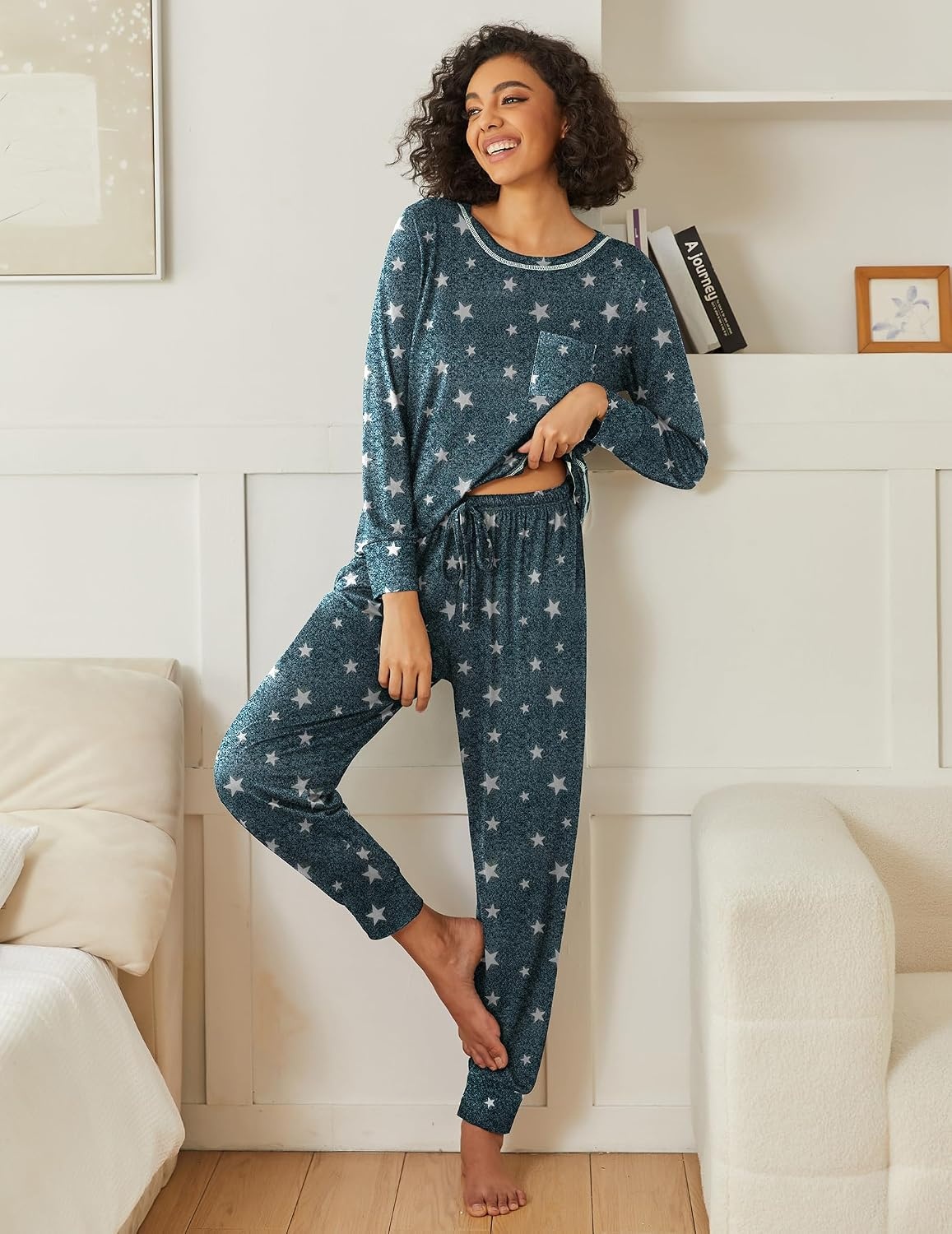 image:imageEkouaer 2 Pack Womens Pajama Sets Long Sleeve Lounge Sets Soft Pj Loungewear SleepwearNavy BlueGrey Star