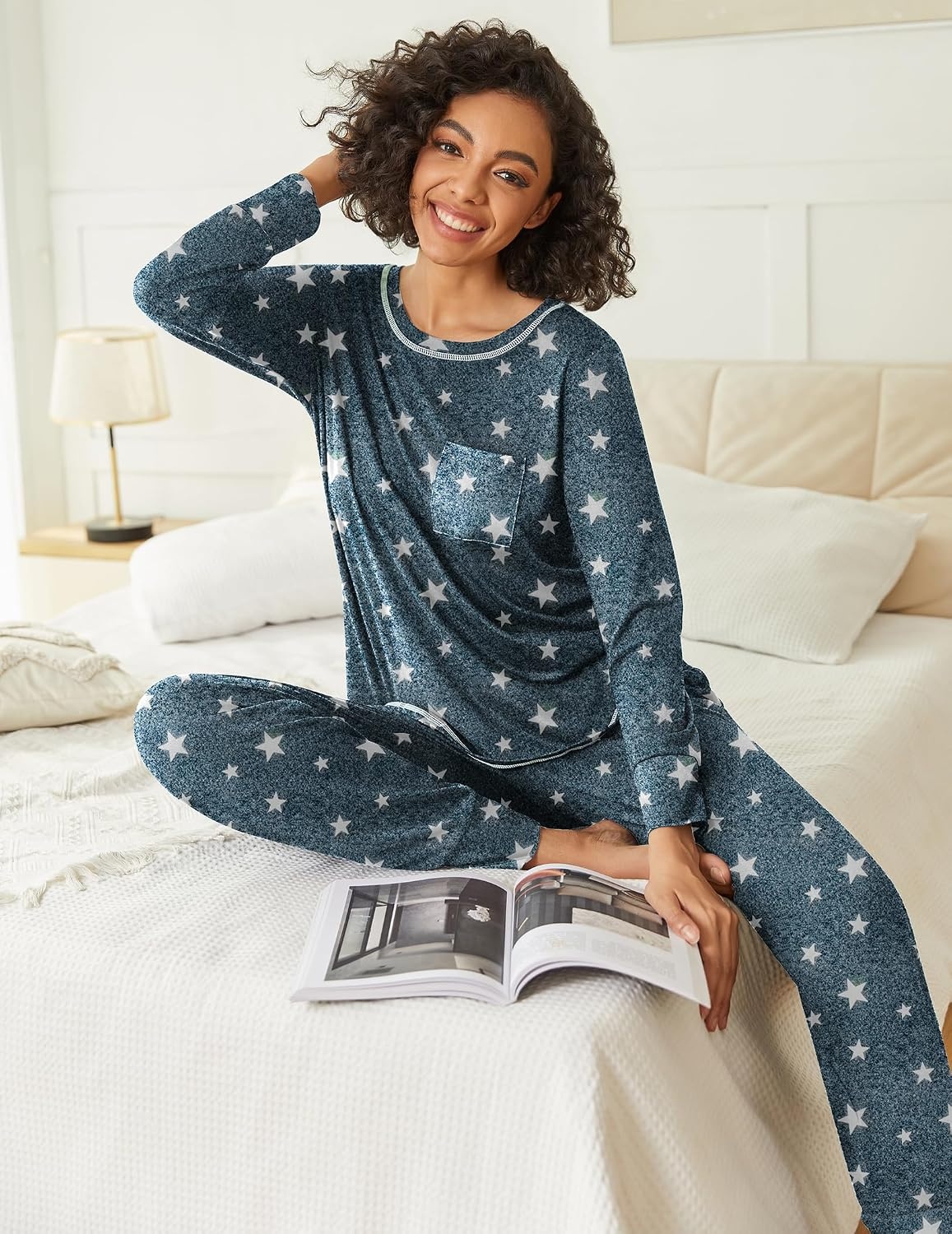 image:imageEkouaer 2 Pack Womens Pajama Sets Long Sleeve Lounge Sets Soft Pj Loungewear SleepwearNavy BlueGrey Star