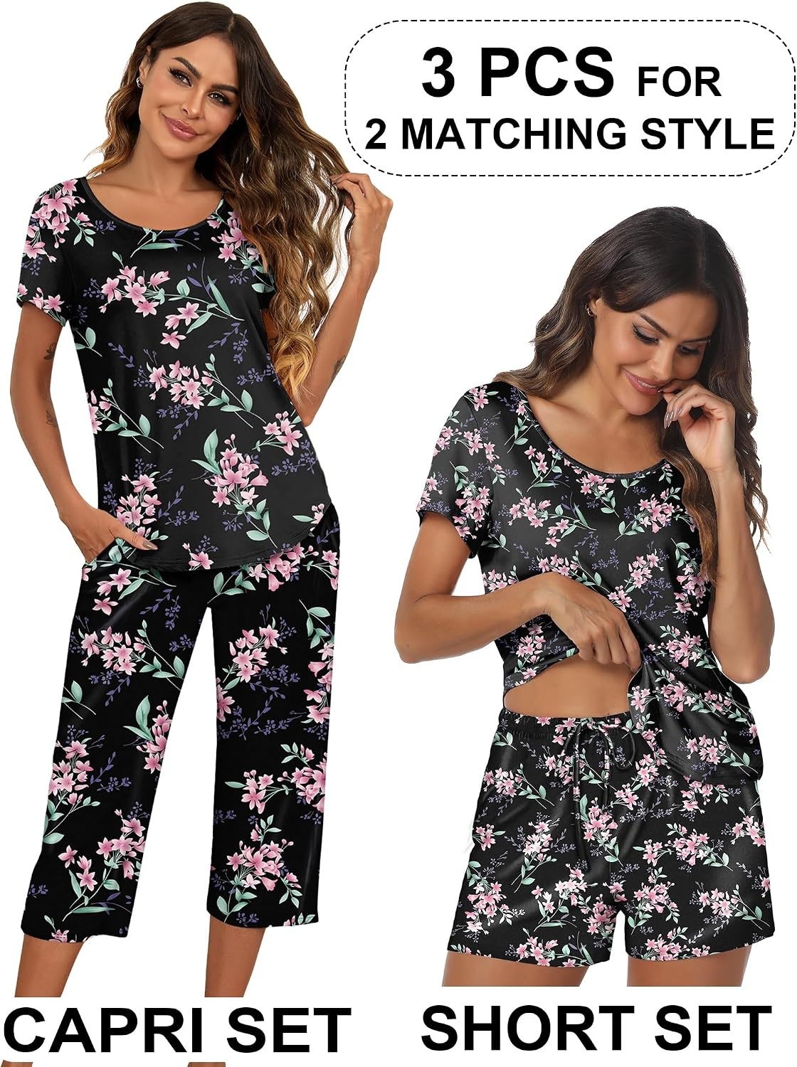 image:imageEkouaer 3 PCS Capri Pajamas for Women Set Short Sleeve Pajama Lounge SetsBlack Flowers
