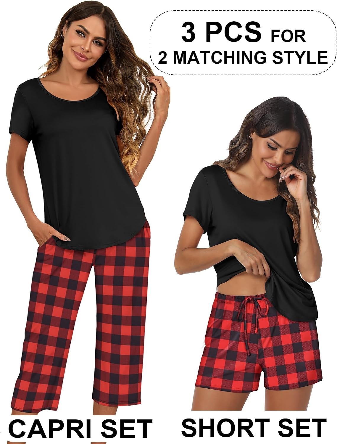 image:imageEkouaer 3 PCS Capri Pajamas for Women Set Short Sleeve Pajama Lounge SetsBlack Red Plaid