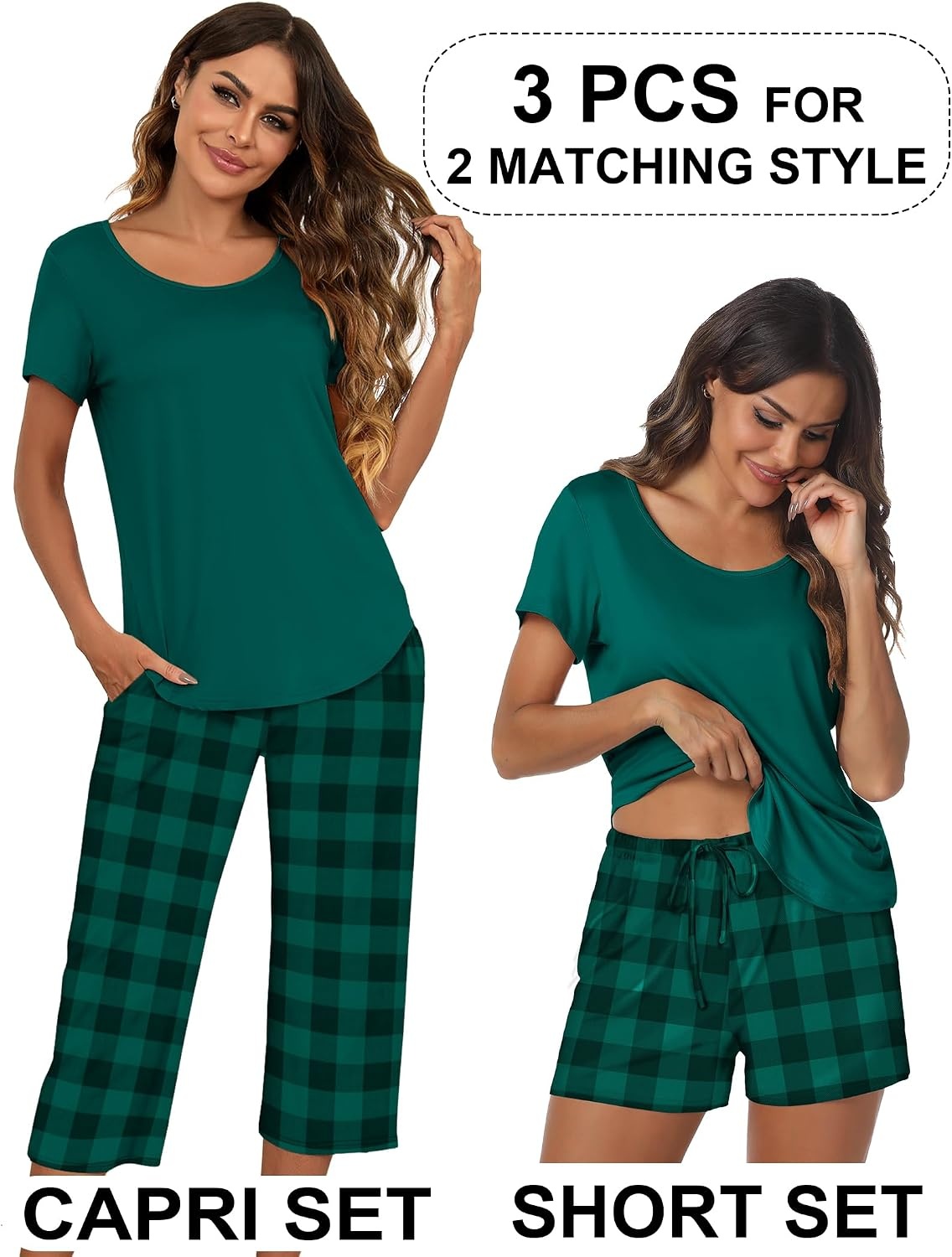 image:imageEkouaer 3 PCS Capri Pajamas for Women Set Short Sleeve Pajama Lounge SetsDeep Green Plaid