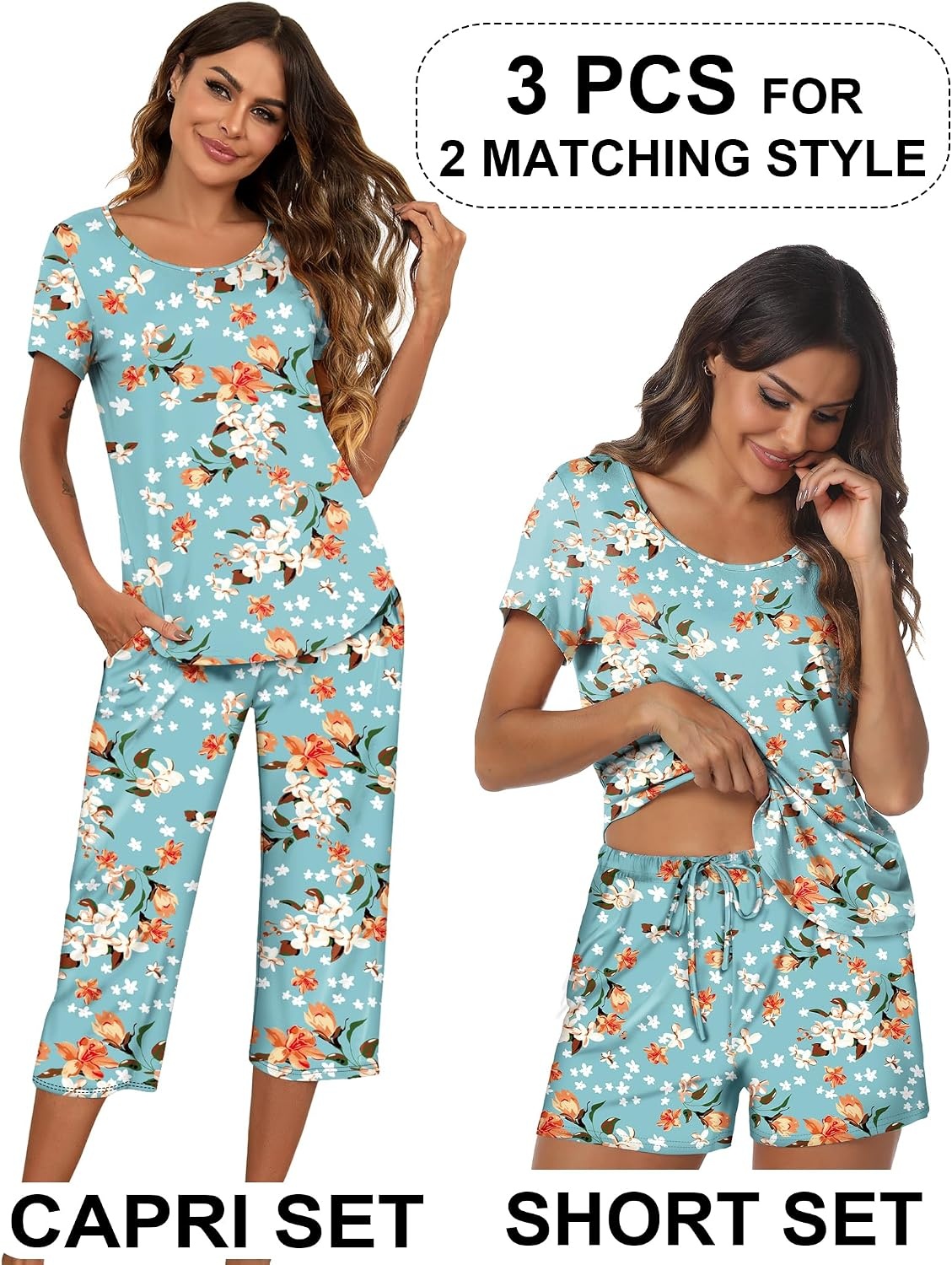 image:imageEkouaer 3 PCS Capri Pajamas for Women Set Short Sleeve Pajama Lounge SetsGreen Flowers