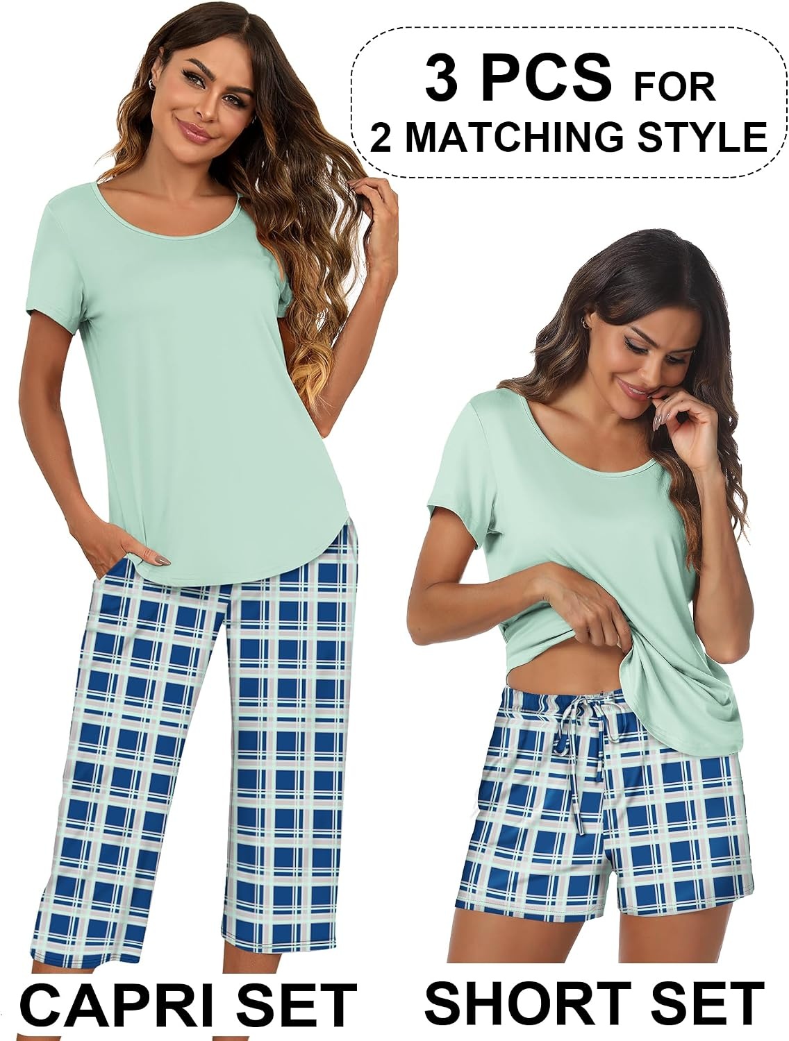 image:imageEkouaer 3 PCS Capri Pajamas for Women Set Short Sleeve Pajama Lounge SetsLight Green Plaid