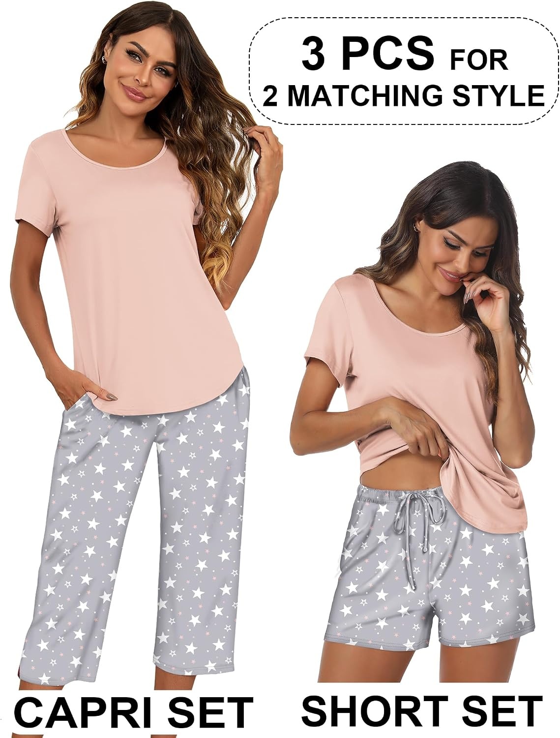 image:imageEkouaer 3 PCS Capri Pajamas for Women Set Short Sleeve Pajama Lounge SetsLight Pink