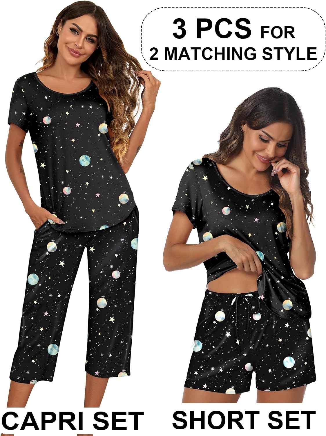 image:imageEkouaer 3 PCS Capri Pajamas for Women Set Short Sleeve Pajama Lounge SetsMoon and Star