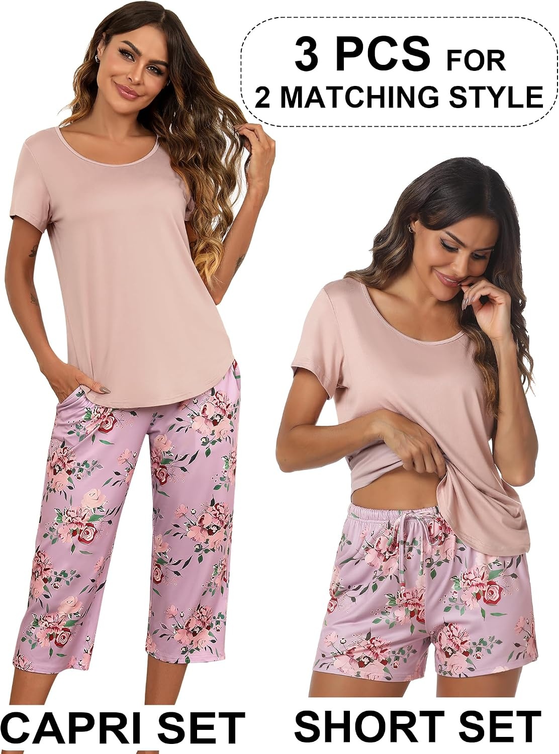 image:imageEkouaer 3 PCS Capri Pajamas for Women Set Short Sleeve Pajama Lounge SetsPink Flowers