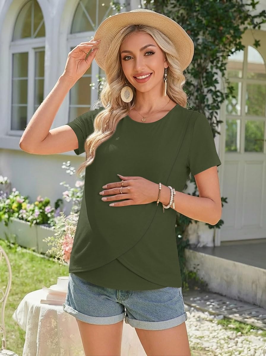 image:imageEkouaer 3 Pack Nursing Shirts Short Sleeve Breastfeeding Tops Maternity TeeBlackArmy GreenBlue Green