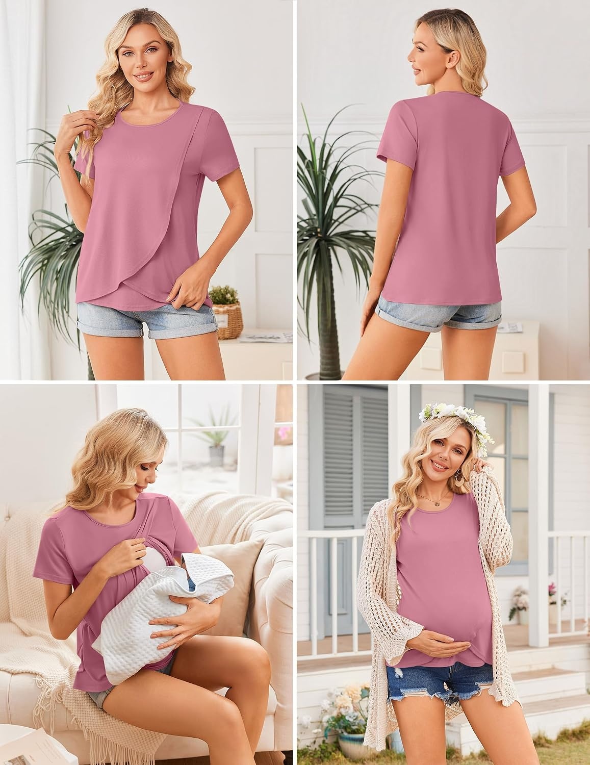 image:imageEkouaer 3 Pack Nursing Shirts Short Sleeve Breastfeeding Tops Maternity TeeBlackDark GrayGray Purple