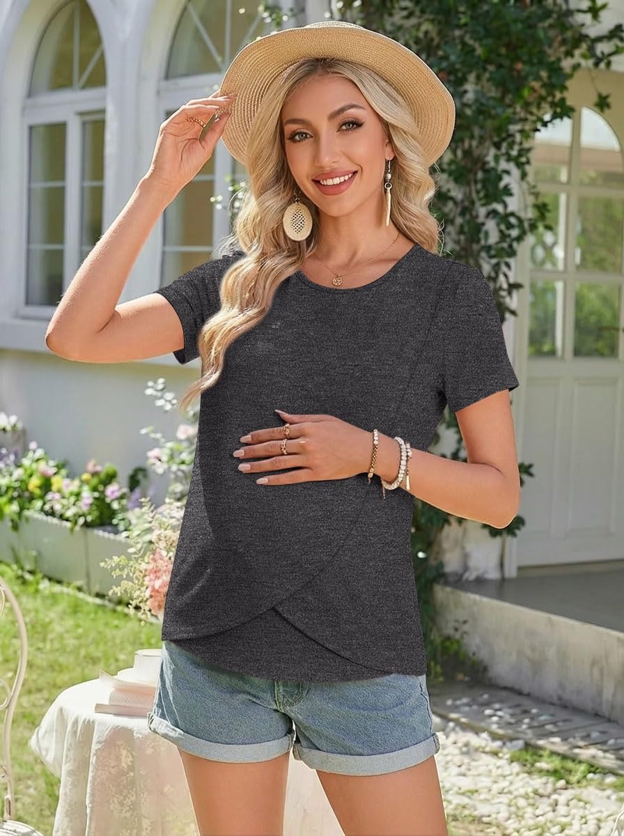 image:imageEkouaer 3 Pack Nursing Shirts Short Sleeve Breastfeeding Tops Maternity TeeBlackDark GrayGray White Stripes