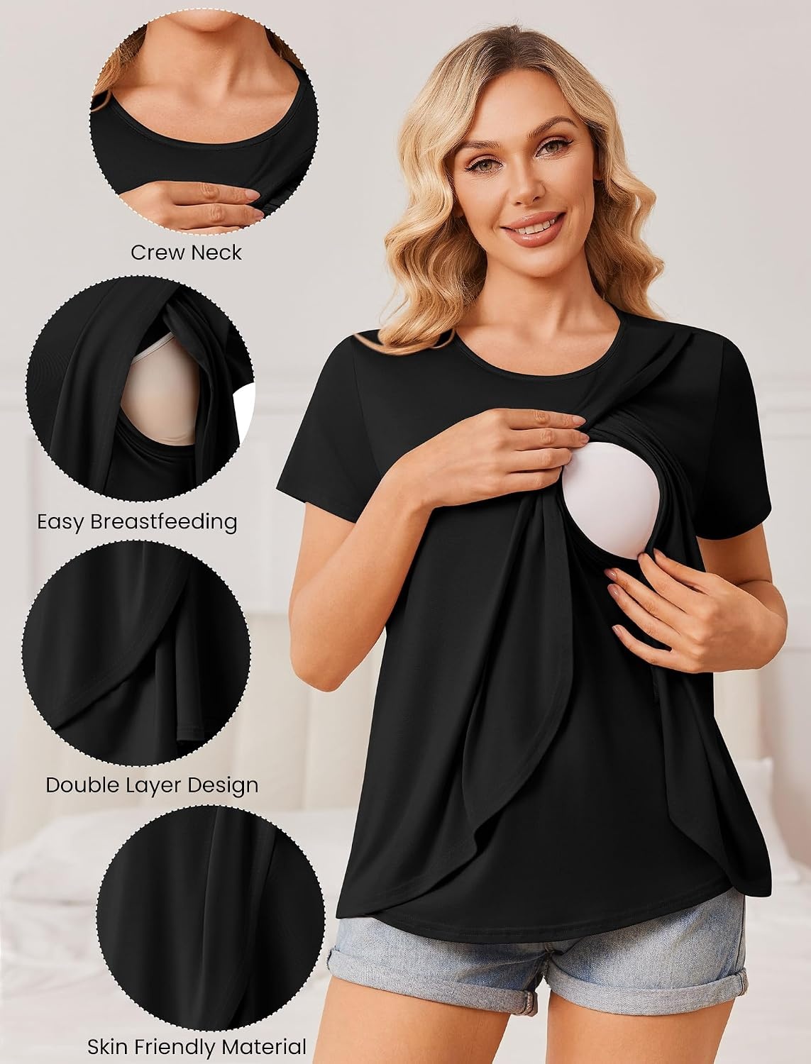 image:imageEkouaer 3 Pack Nursing Shirts Short Sleeve Breastfeeding Tops Maternity TeeBlackGray PurpleBlue Green