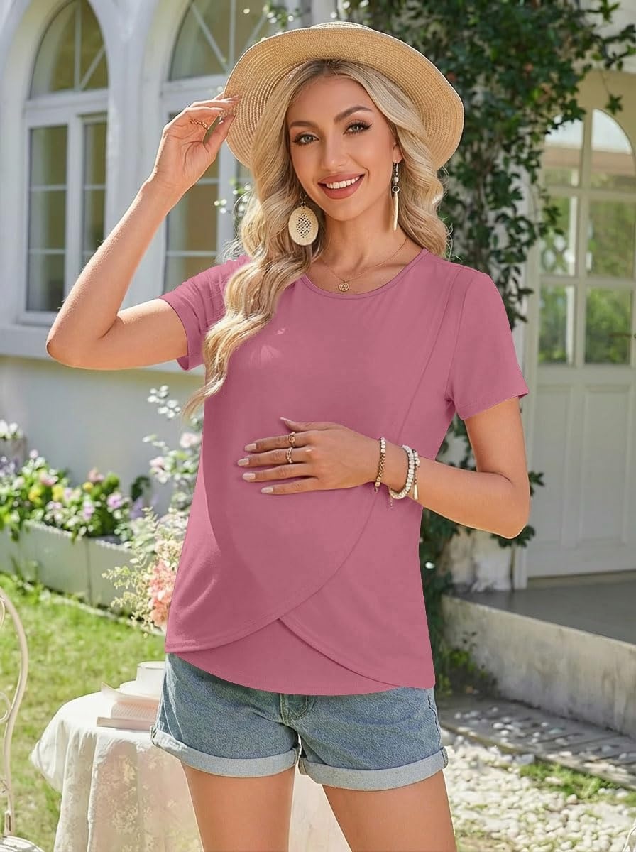 image:imageEkouaer 3 Pack Nursing Shirts Short Sleeve Breastfeeding Tops Maternity TeeBlackGray PurpleBlue Green